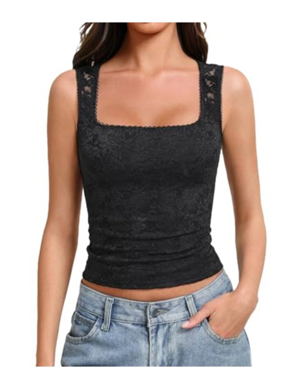 Women's Sleeveless Lace Tank Top Square Neck Double Lined Slim Fit Summer
